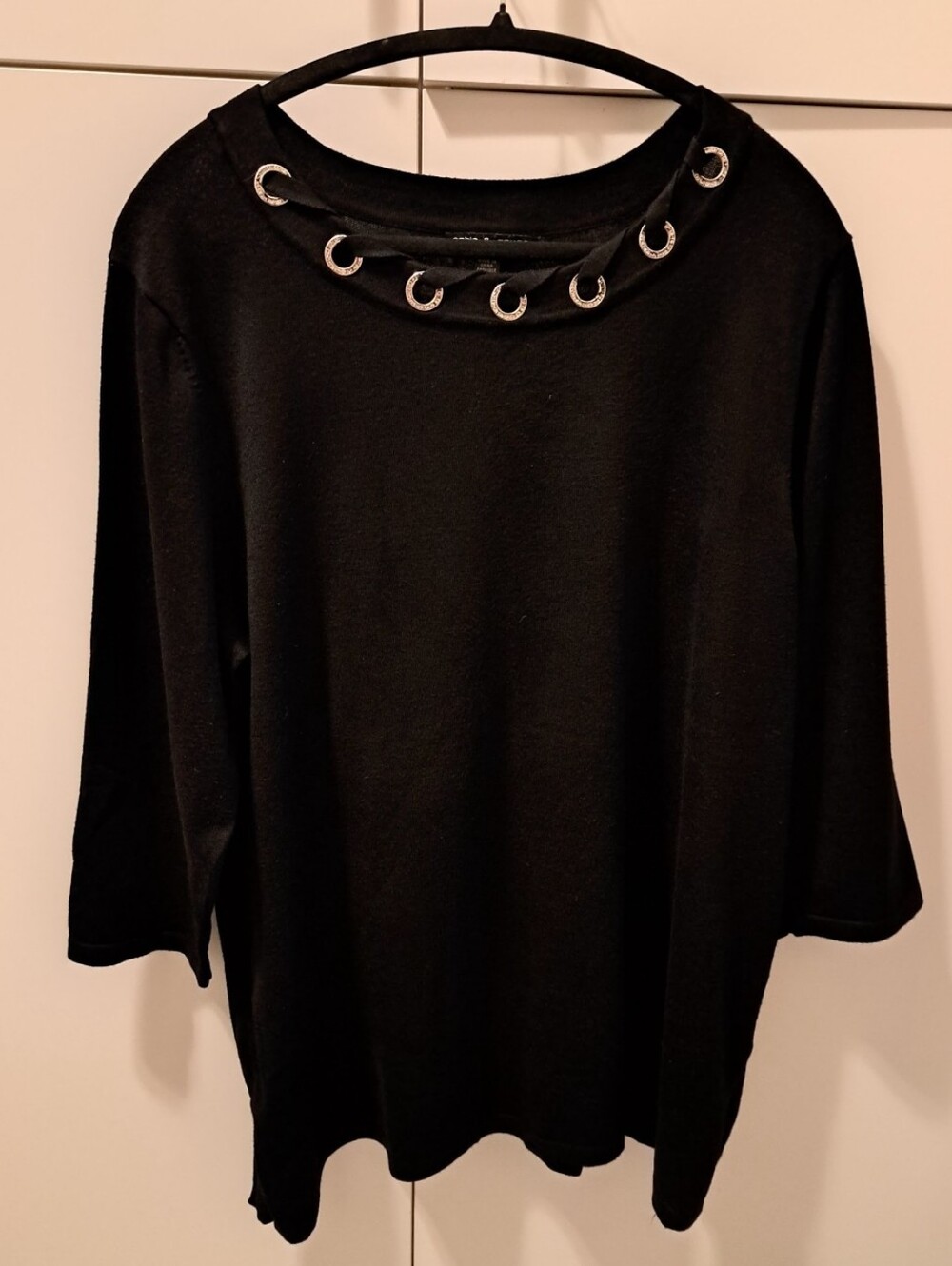 Cable & Gauge Black Crewneck Sweater with Silver Grommet Detail